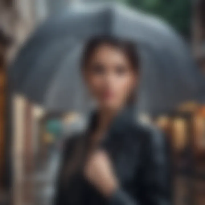 Elegant umbrella against a rainy backdrop