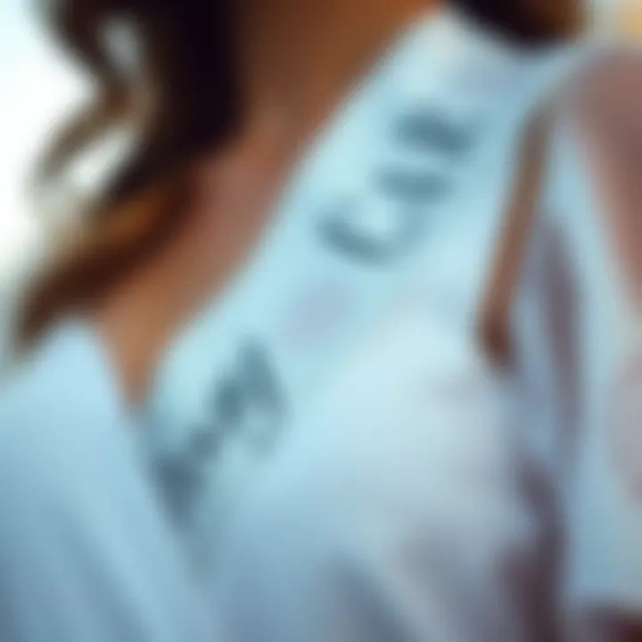 A close-up of intricate designs on a white birthday sash reflecting fashion trends.