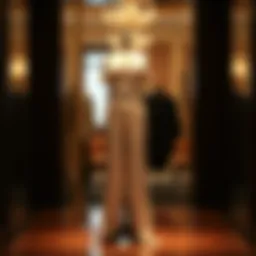 Elegant design of a two-piece off-the-shoulder pants set displayed on a mannequin