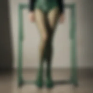 Artistic display of green fishnet tights on a stylish garment rack