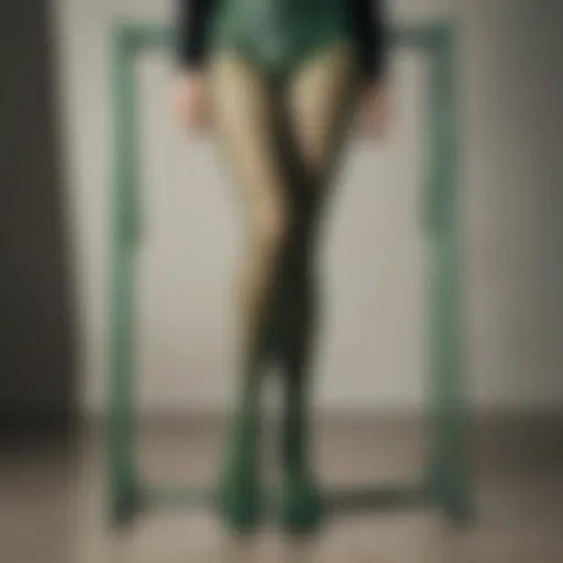 Artistic display of green fishnet tights on a stylish garment rack