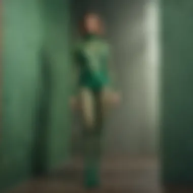 Chic Outfit Featuring Green Fishnet Tights Fashionable outfit styled with green fishnet tights, set against a vibrant backdrop
