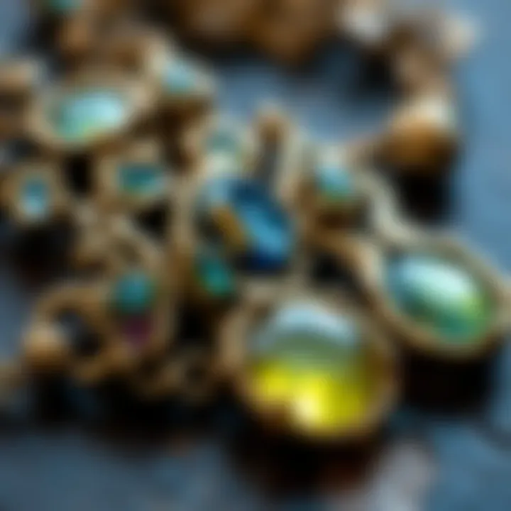 Close-up of intricate craftsmanship in funky jewelry highlighting materials like resin and metal.