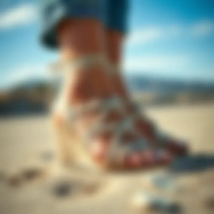 Close-up of the intricate design details of toe loop wedge sandals