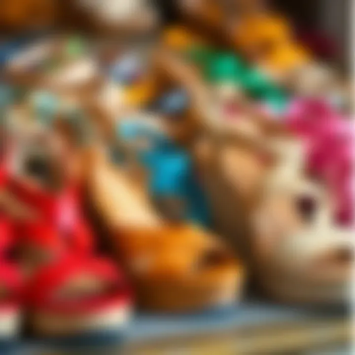 Various styles of toe loop wedge sandals displayed together