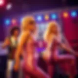 A dazzling disco ensemble featuring metallic fabrics and vibrant colors