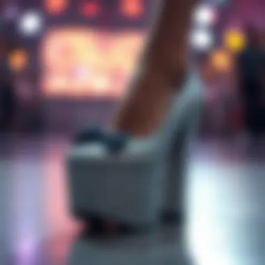 Close-up of a glittering platform shoe with unique design
