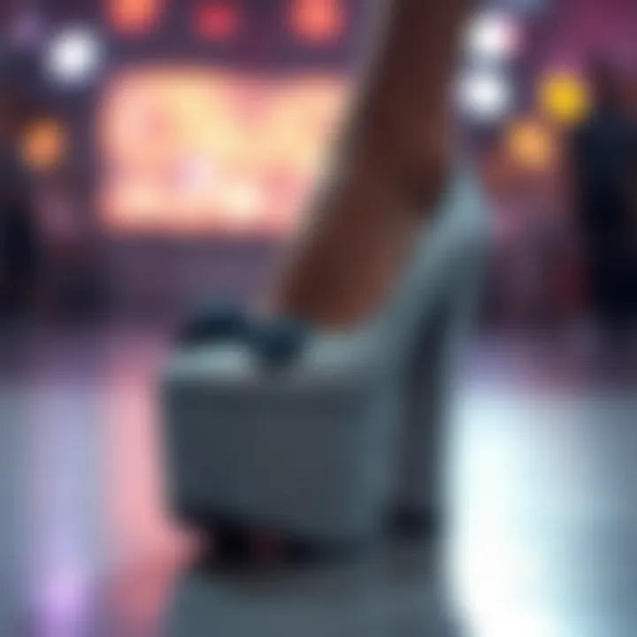 Close-up of a glittering platform shoe with unique design