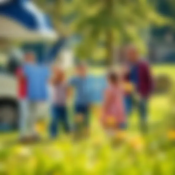 A family enjoying outdoor activities with a portable clothes line in view