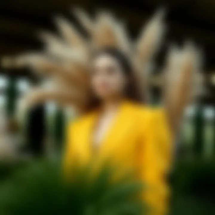 Elegant fashion ensemble featuring eucalyptus and pampas grass elements