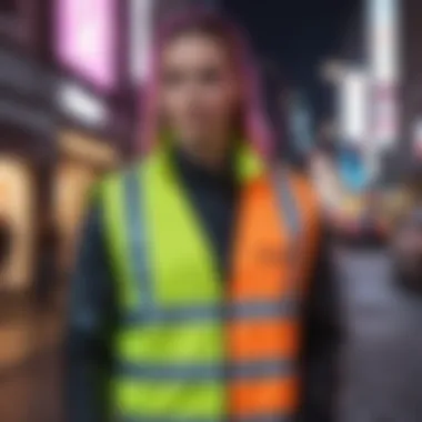 A fashion-forward individual wearing a stylish neon work vest in an urban environment