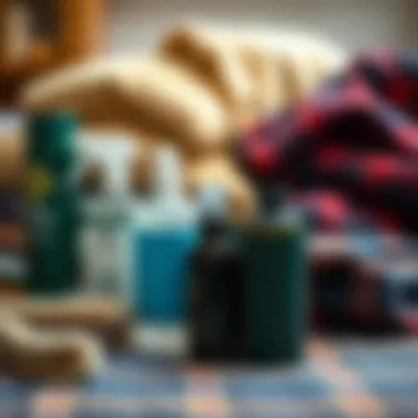 An array of care products placed next to colorful flannel pieces