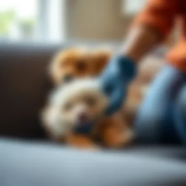 A close-up view of fur removal gloves in action, effectively collecting pet hair from a couch.