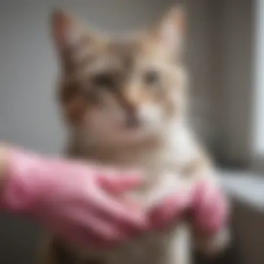 A cat in a gentle wash with protective gloves