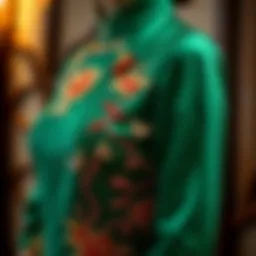A beautifully crafted green cheongsam dress highlighting intricate embroidery