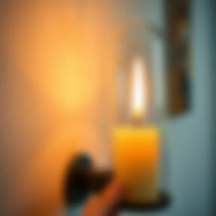 Close-up of a battery-operated candle in a modern wall sconce