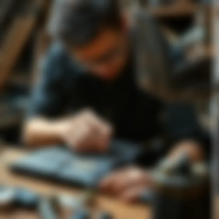 An artisan crafting a kiss lock purse with attention to detail.