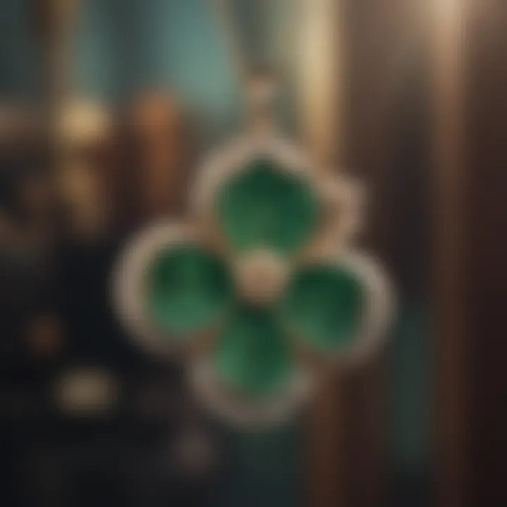 Close-up of a lucky clover pendant with detailed craftsmanship and unique materials