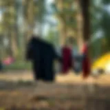 Portable clothes line set up in a forest camping site