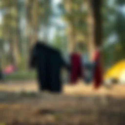 Portable clothes line set up in a forest camping site