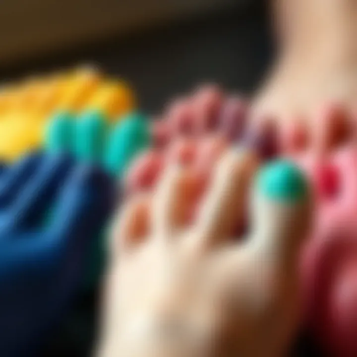 Close-up of silicone toe protectors in different colors and shapes