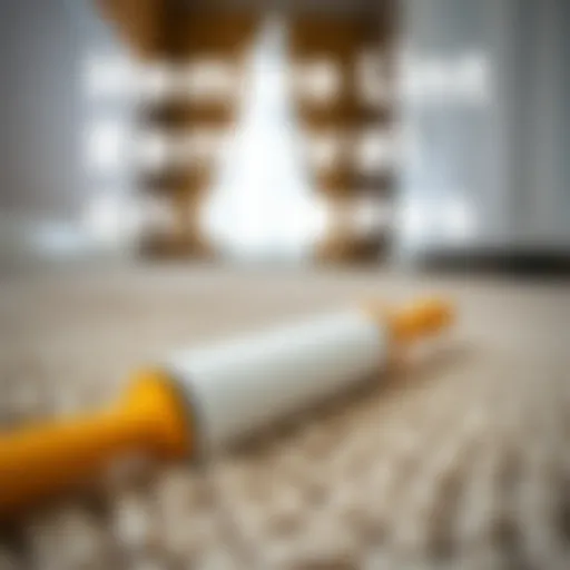 Close-up view of sticky roller removing lint from a carpet