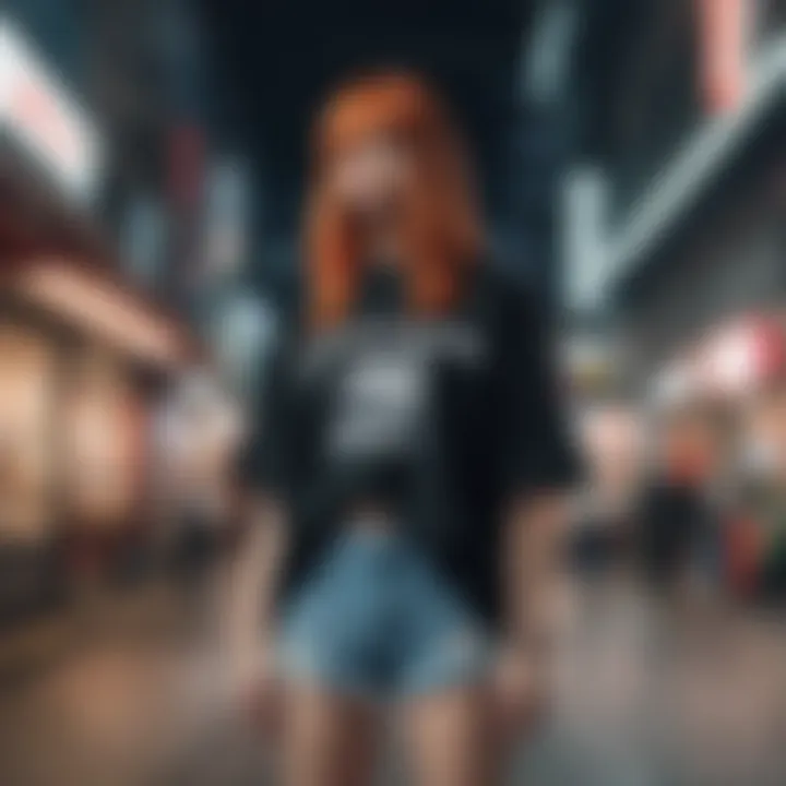 An urban setting showcasing individuals wearing oversized anime tees in streetwear style.