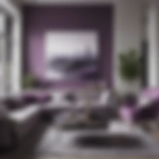 Elegant purple and gray wall decor in a modern living room