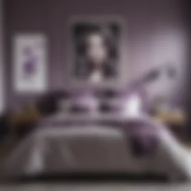 Stylish bedroom showcasing purple and gray wall art