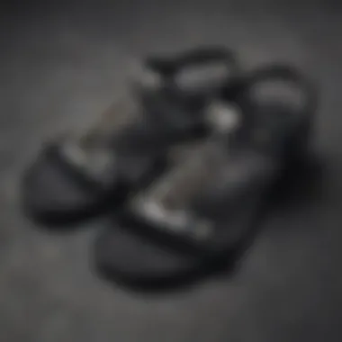 A close-up view of high-quality materials used in black pearl sandals