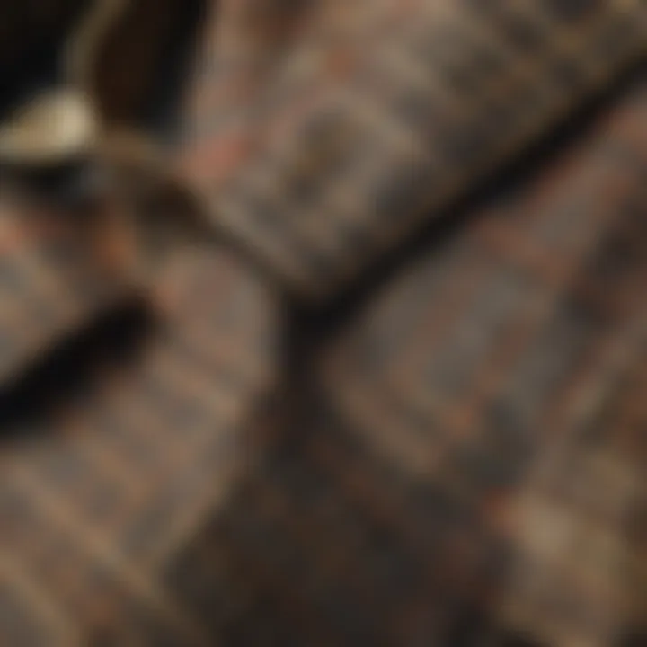 Close-up of the intricate plaid pattern on a trench coat fabric.