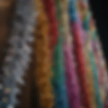 A close-up of shimmering tinsel garlands in various colors