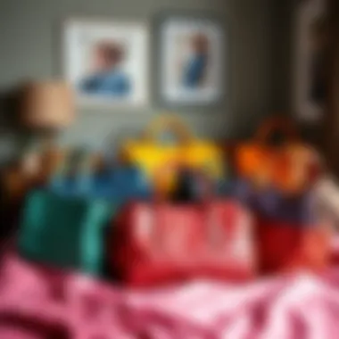 Colorful handbags arranged artistically in a stylish bedroom corner