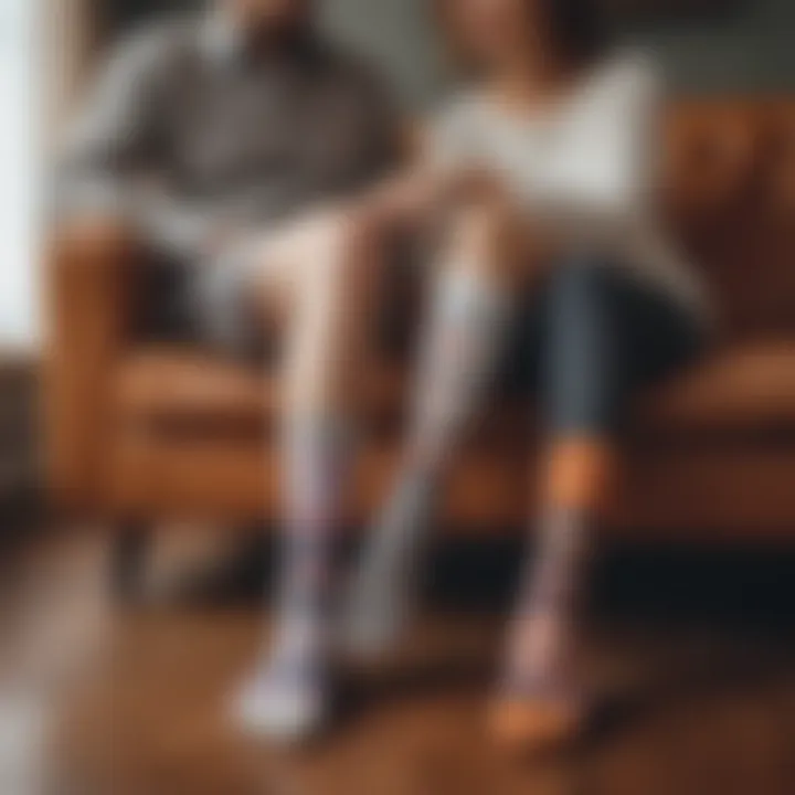 Couples showcasing their matching sock choices in a cozy setting.