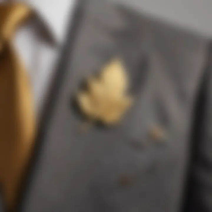 An exquisite gold leaf lapel pin displayed on a tailored jacket