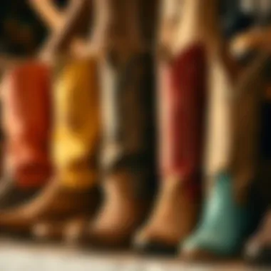 A collection of vintage cowgirl boots in diverse styles and colors