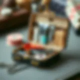 A compact sewing kit box with various tools arranged neatly inside.