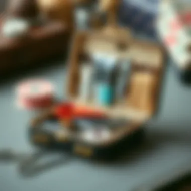 A compact sewing kit box with various tools arranged neatly inside.