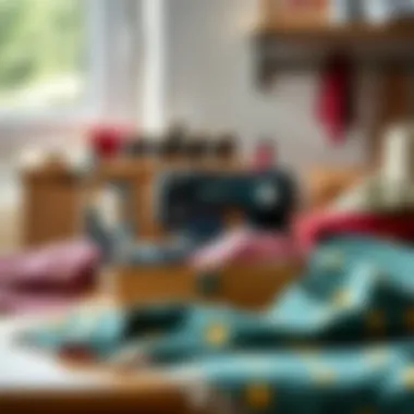 A creative workspace with a small sewing kit box and fabrics ready for a project.