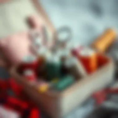 An organized small sewing kit featuring threads, needles, and fabric swatches.