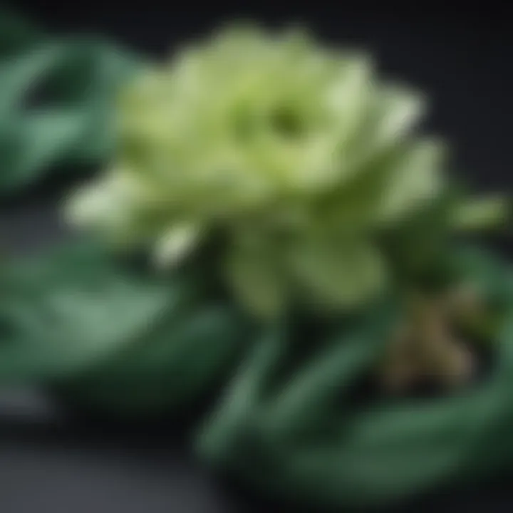 Close-up of green chiffon ribbon intertwined with floral arrangement