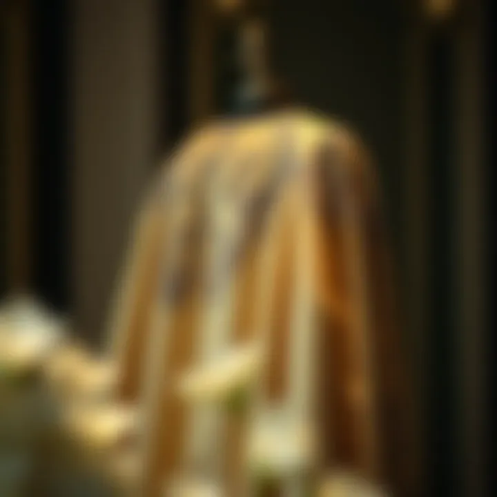 A stunning wedding cloak displayed on a mannequin, showcasing intricate embroidery and luxurious fabric.