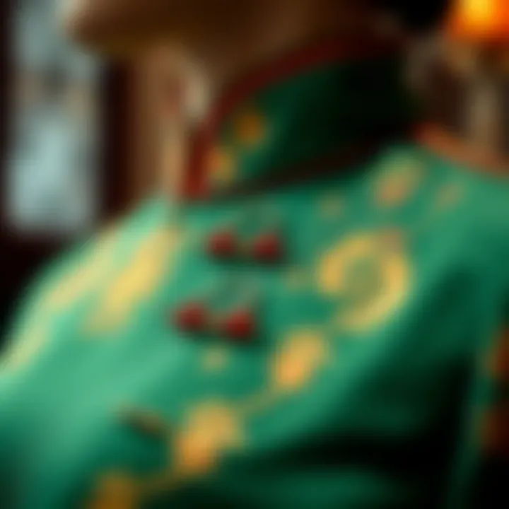 A close-up of traditional design elements in the green cheongsam dress