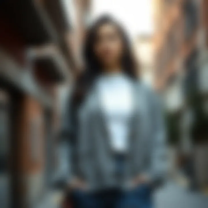 A fashion-forward individual styling a crop shrug cardigan in an urban setting, embodying versatility.