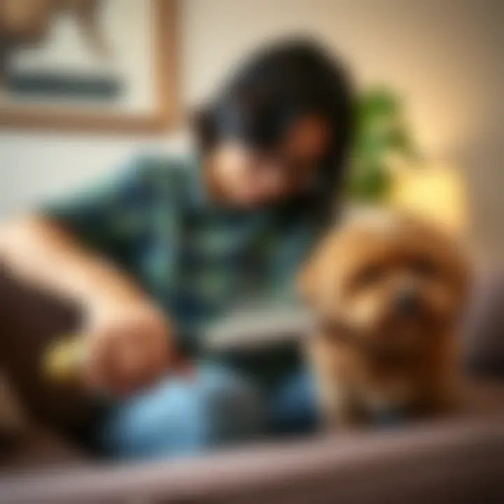 Effective Use of Pet Hair Removal Comb on Furniture An individual using a pet hair removal comb on a couch, effectively removing fur.