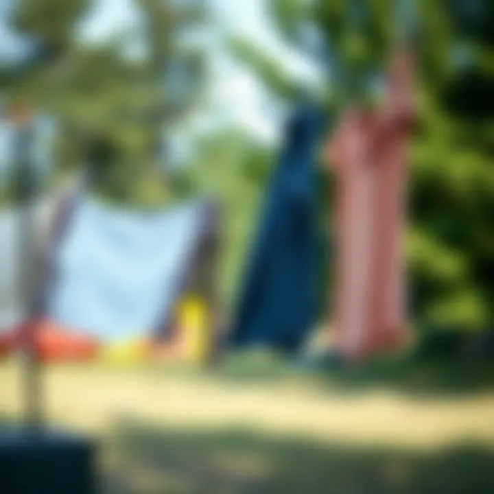 Various types of portable clothes lines displayed outdoors