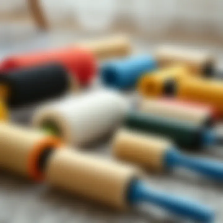 Different types of sticky rollers displayed on a carpet