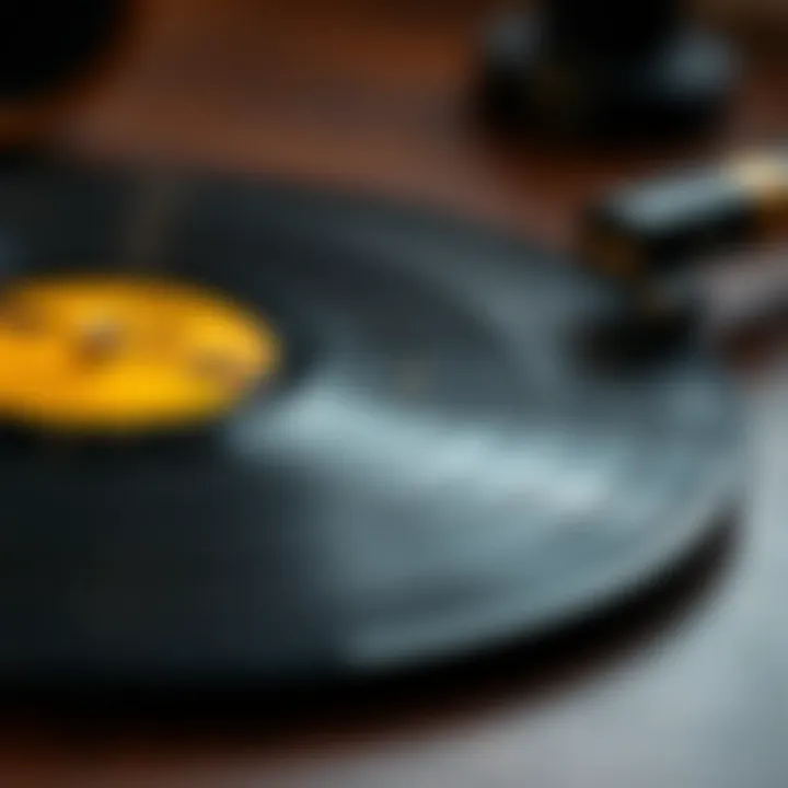 Close-up of a vinyl record coaster with musical notes