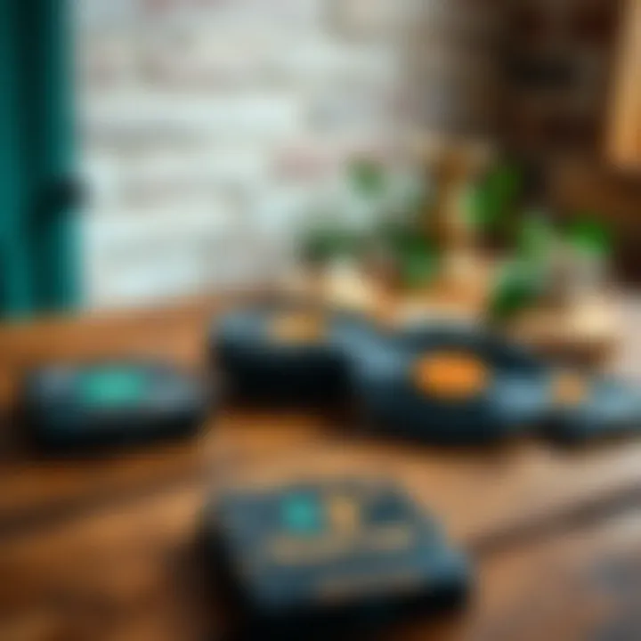 Vinyl record coasters displayed on a rustic wooden table