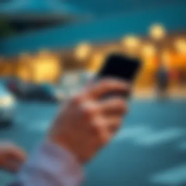 A close-up of a fabric-based phone holder in use
